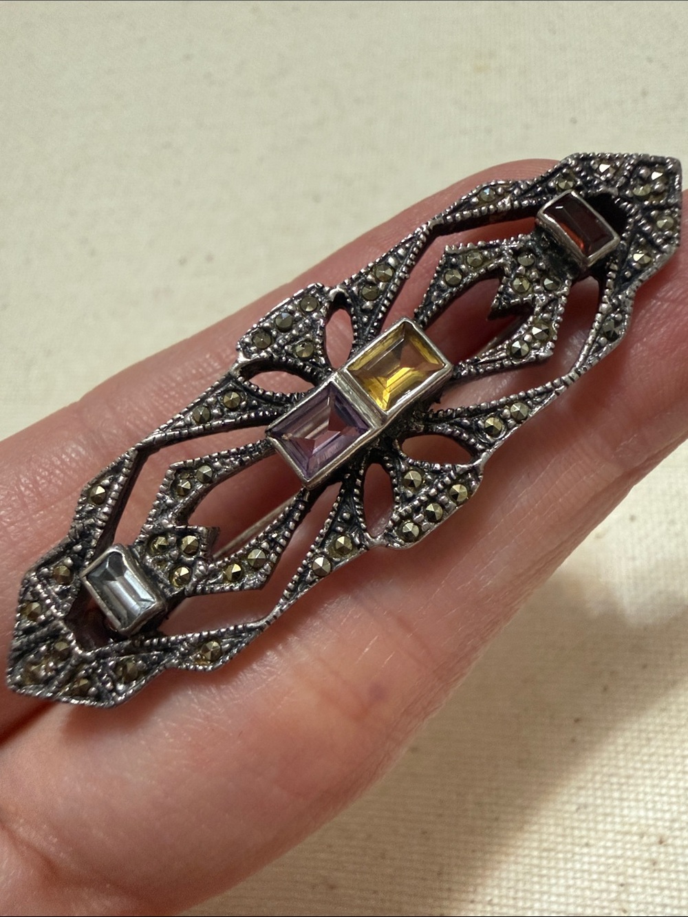 Sterling Silver 925 Marcasite Bar Brooch with Multicolor Stones